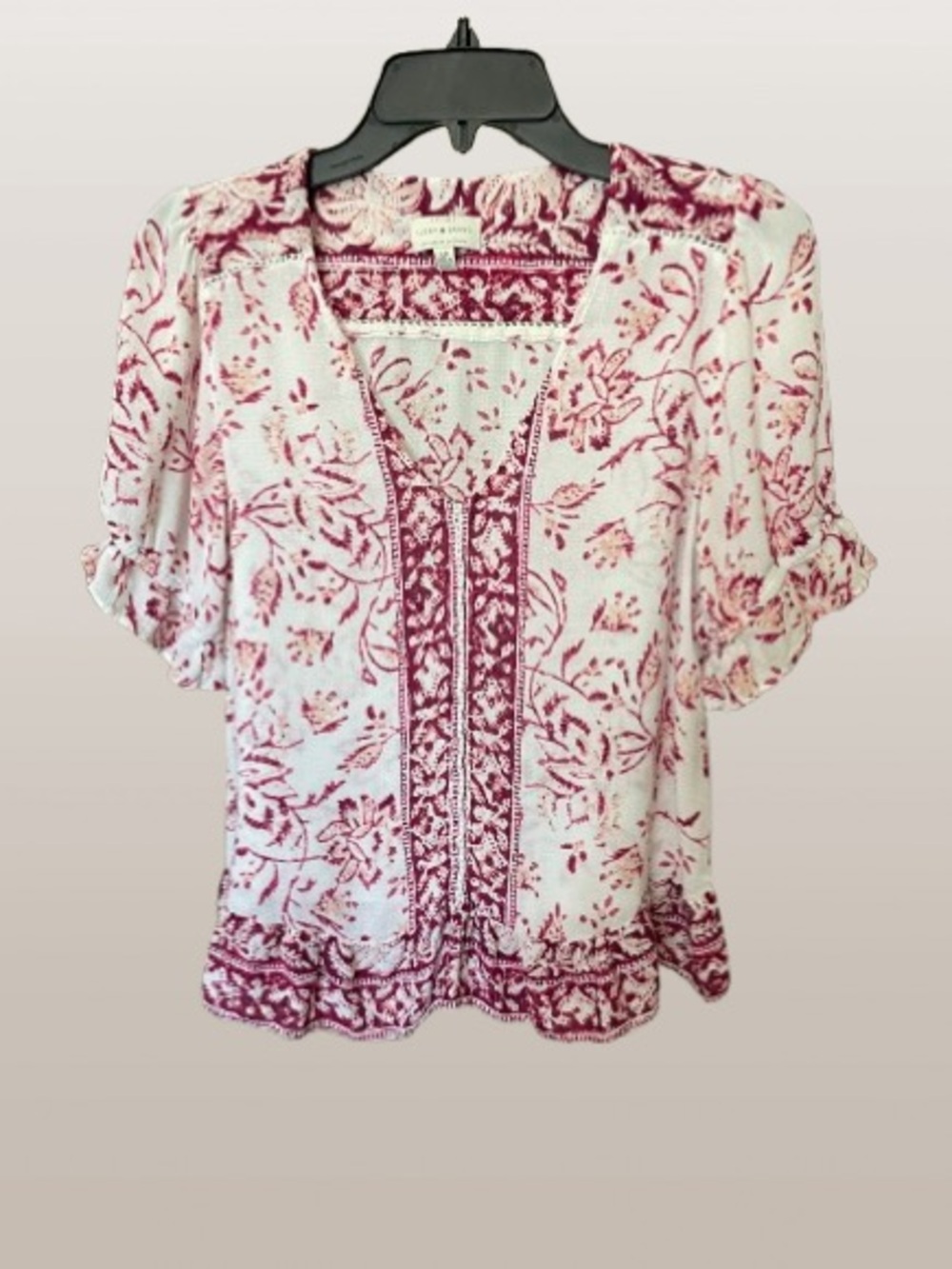 Lucky Brand Floral Boho Peasant Top White Red Small